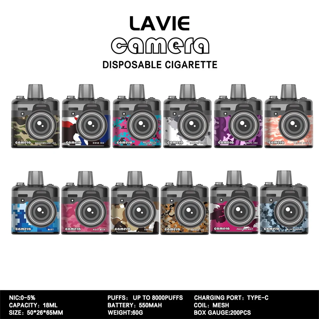 Lavie Camera 8000puffs Disposable Vape 0% 2% 5% Mesh Rechargeable Vapor E-Cig